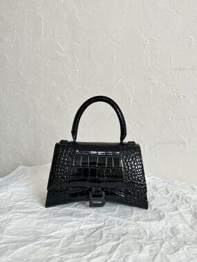 Balenciaga Black Glossy Croc-Embossed Hourglass Top Handle Bag with B Logo Hardw